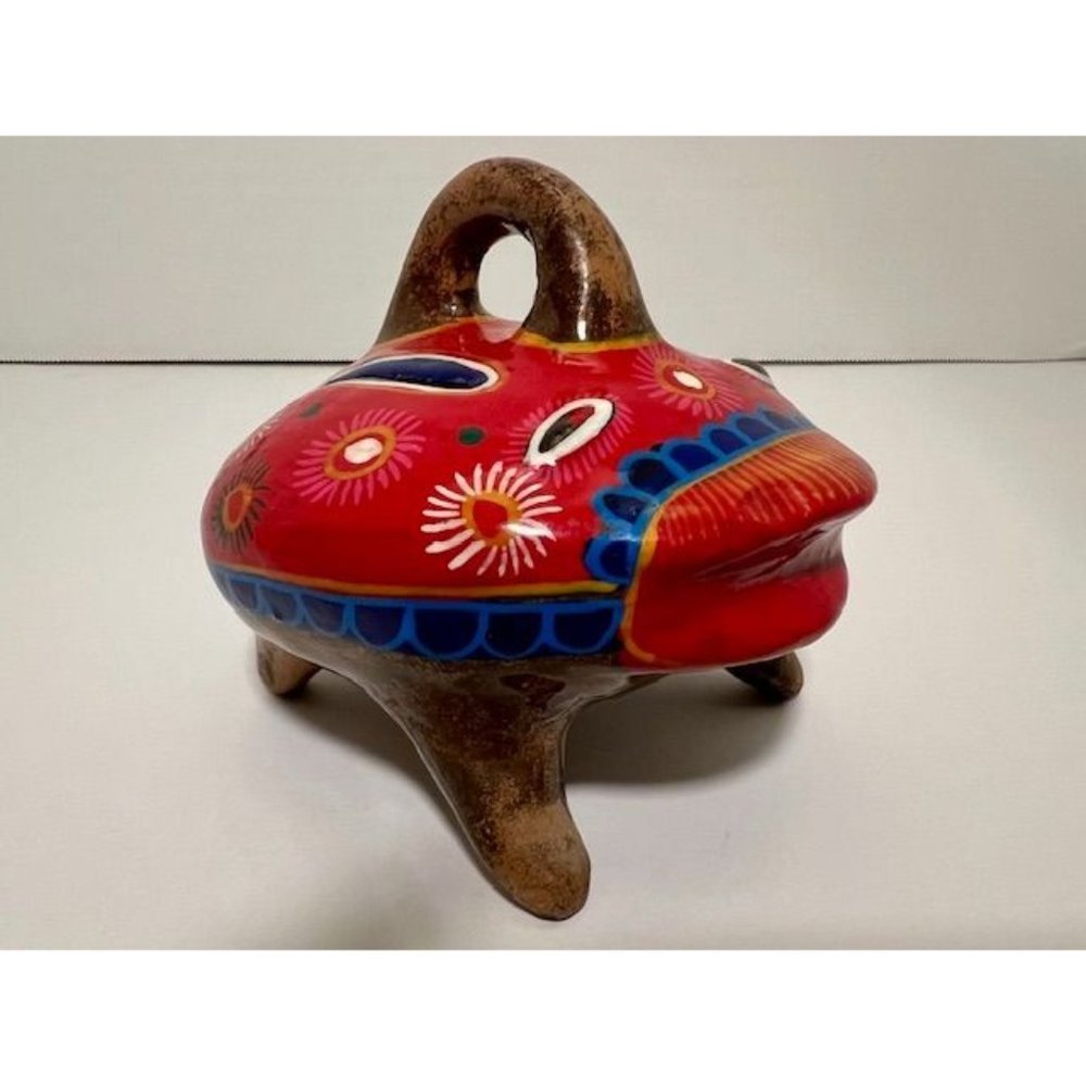 Clay Frog Coin Bank Vintage Mexican Folk Art Pottery Piggy Bank Hand Painted